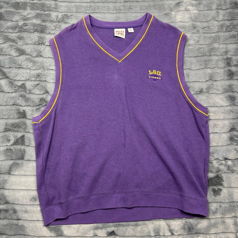 Vintage Red Oak LSU Tigers Sweater Vest Purple Gold V-Neck XXL 4100 Mens